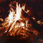 Angel Sarkela-Saur created this original "Fireside" Coffee Art® painting. It features a roaring campfire, creating a warm and cozy atmosphere. You can basically hear the crackling embers emerging from the flames.