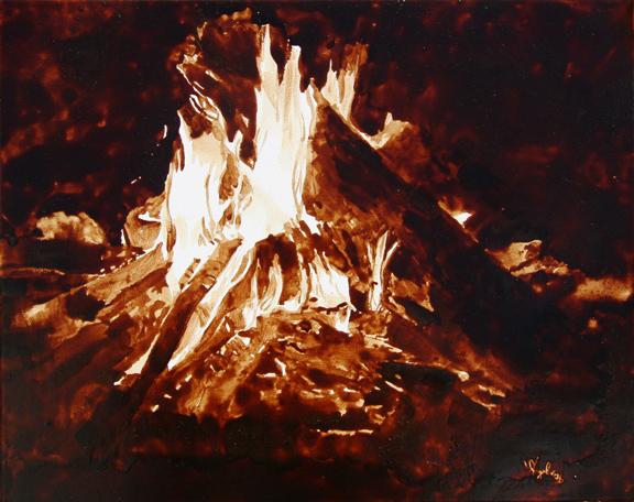 Angel Sarkela-Saur created this original "Fireside" Coffee Art® painting. It features a roaring campfire, creating a warm and cozy atmosphere. You can basically hear the crackling embers emerging from the flames.