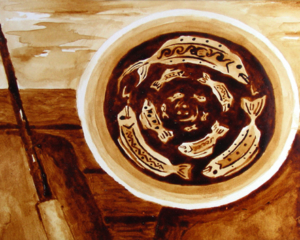 Angel Sarkela-Saur created this original "Fisherman Dream Coffee Art&reg; painting. It features a fisherman holding a coffee cup swirling with fish imagery.