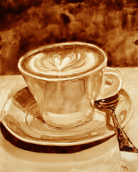 Angel Sarkela-Saur created this original "Flourish" Coffee Art® painting. It features an artistic swirl in a cup of coffee.