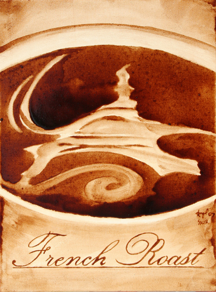 Andrew Saur & Angel Sarkela-Saur created this original "French Roast" Coffee Art® painting. It features an artistic image of the Eiffel Tower swirling in a cup of coffee.