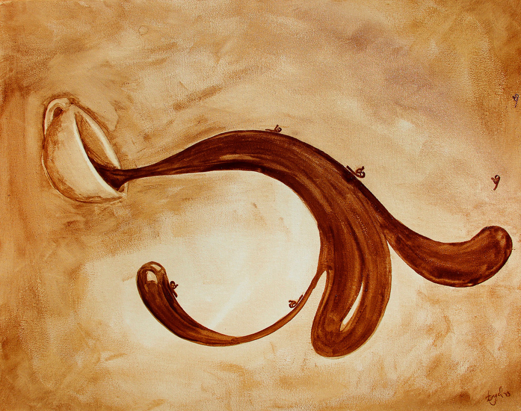 "Frolic" coffee painting, featuring whimsical sleds sliding down waves of coffee.