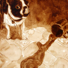 Andrew Saur created this original "Gidget Sneaks a Taste" Coffee Art® painting. It features his Boston Terrier, Gidget, sneaking a taste of a spilled coffee on the floor.