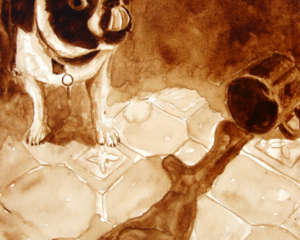 Andrew Saur created this original "Gidget Sneaks a Taste" Coffee Art&reg; painting. It features his Boston Terrier, Gidget, sneaking a taste of a spilled coffee on the floor.