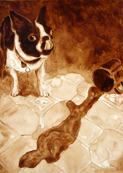 Andrew Saur created this original "Gidget Sneaks a Taste" Coffee Art® painting. It features his Boston Terrier, Gidget, sneaking a taste of a spilled coffee on the floor.
