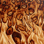 Angel Sarkela-Saur created this original "Inferno" Coffee Art® painting. It features blaze of flames roasting descending coffee beans.
