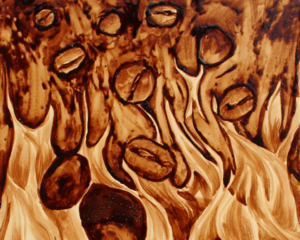 Angel Sarkela-Saur created this original "Inferno" Coffee Art&reg; painting. It features blaze of flames roasting descending coffee beans.