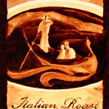 Angel Sarkela-Saur created this original "Italian Roast" Coffee Art® painting. It features a gondolier guiding a couple through Venice in a cup of coffee.