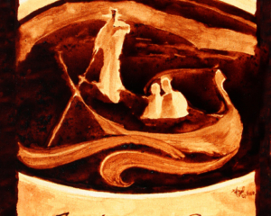 Angel Sarkela-Saur created this original "Italian Roast" Coffee Art&reg; painting. It features a gondolier guiding a couple through Venice in a cup of coffee.