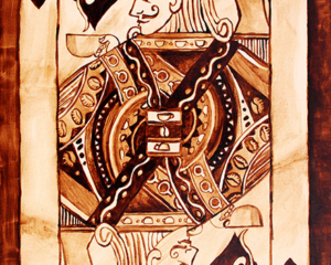 Angel Sarkela-Saur created this original "Jack of All Coffee" Coffee Art&reg; painting. It features a Jack playing card holding a cup of coffee.