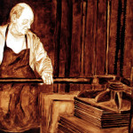 Andrew Saur and Angel Sarkela-Saur created this original "John the Bookmaker" Coffee Art® painting. It features John at the bookpress, pulling hard on the bar to squeeze the books into shape.