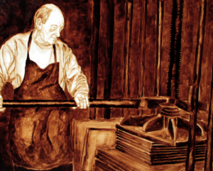 Andrew Saur and Angel Sarkela-Saur created this original "John the Bookmaker" Coffee Art&reg; painting. It features John at the bookpress, pulling hard on the bar to squeeze the books into shape.