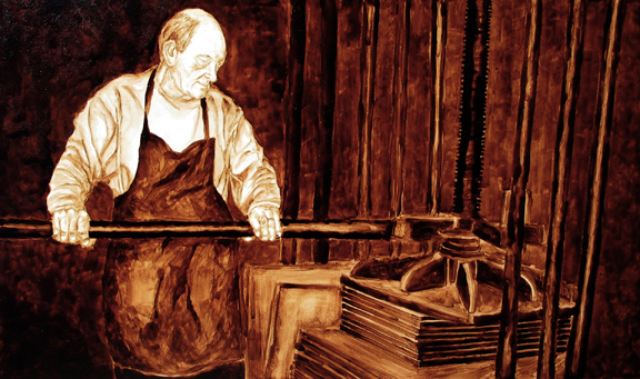 Andrew Saur and Angel Sarkela-Saur created this original "John the Bookmaker" Coffee Art® painting. It features John at the bookpress, pulling hard on the bar to squeeze the books into shape.