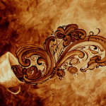 Angel Sarkela-Saur created this original "Kaffe Rogaland" Coffee Art® painting. It features coffee flowing in rosemaling shapes out of a cup.
