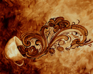 Angel Sarkela-Saur created this original "Kaffe Rogaland" Coffee Art&reg; painting. It features coffee flowing in rosemaling shapes out of a cup.