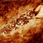 Angel Sarkela-Saur created this original "Kaffe Telemark" Coffee Art® painting. It features coffee flowing in rosemaling shapes out of a cup.