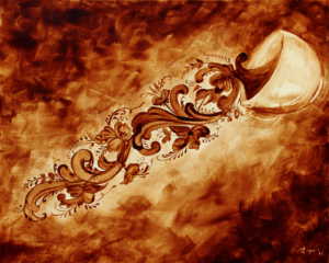 Angel Sarkela-Saur created this original "Kaffe Telemark" Coffee Art&reg; painting. It features coffee flowing in rosemaling shapes out of a cup.