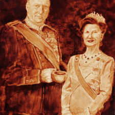 Andrew Saur and Angel Sarkela-Saur created this original "King Harald V & Queen Sonja of Norway" Coffee Art® painting. It features the Norwegian royal couple holding a cup of coffee.