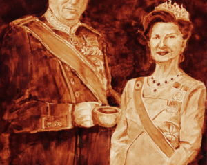 Andrew Saur and Angel Sarkela-Saur created this original "King Harald V &amp; Queen Sonja of Norway" Coffee Art&reg; painting. It features the Norwegian royal couple holding a cup of coffee.