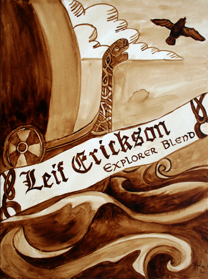 Andrew Saur and Angel Sarkela-Saur created this "Leif Erickson Explorer Blend" Coffee Art® painting featuring a Viking ship crashing through the seas.