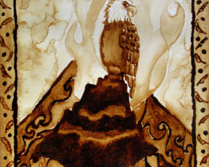 Angel Sarkela-Saur created this original "Lemminkainen Journey to the Marriage-Feast" Coffee Art&reg; painting. It features imagery found in the historic Finnish epic, The Kalevala.