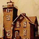 Andrew Saur created this original "Light of the Harbor" Coffee Art® painting. It features the historic Two Harbors Lighthouse on the shore of Lake Superior.