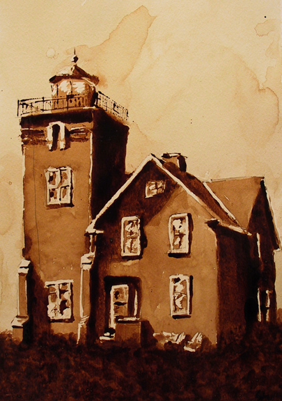 Andrew Saur created this original "Light of the Harbor" Coffee Art® painting. It features the historic Two Harbors Lighthouse on the shore of Lake Superior.