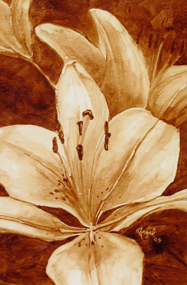 Angel Sarkela-Saur created this original "Lilja" Coffee Art® painting. It features a beautiful lily blooming.
