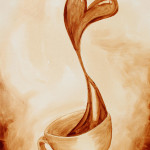 "Love of Coffee" featuring coffee spilling out of a cup and forms into a loving heart.