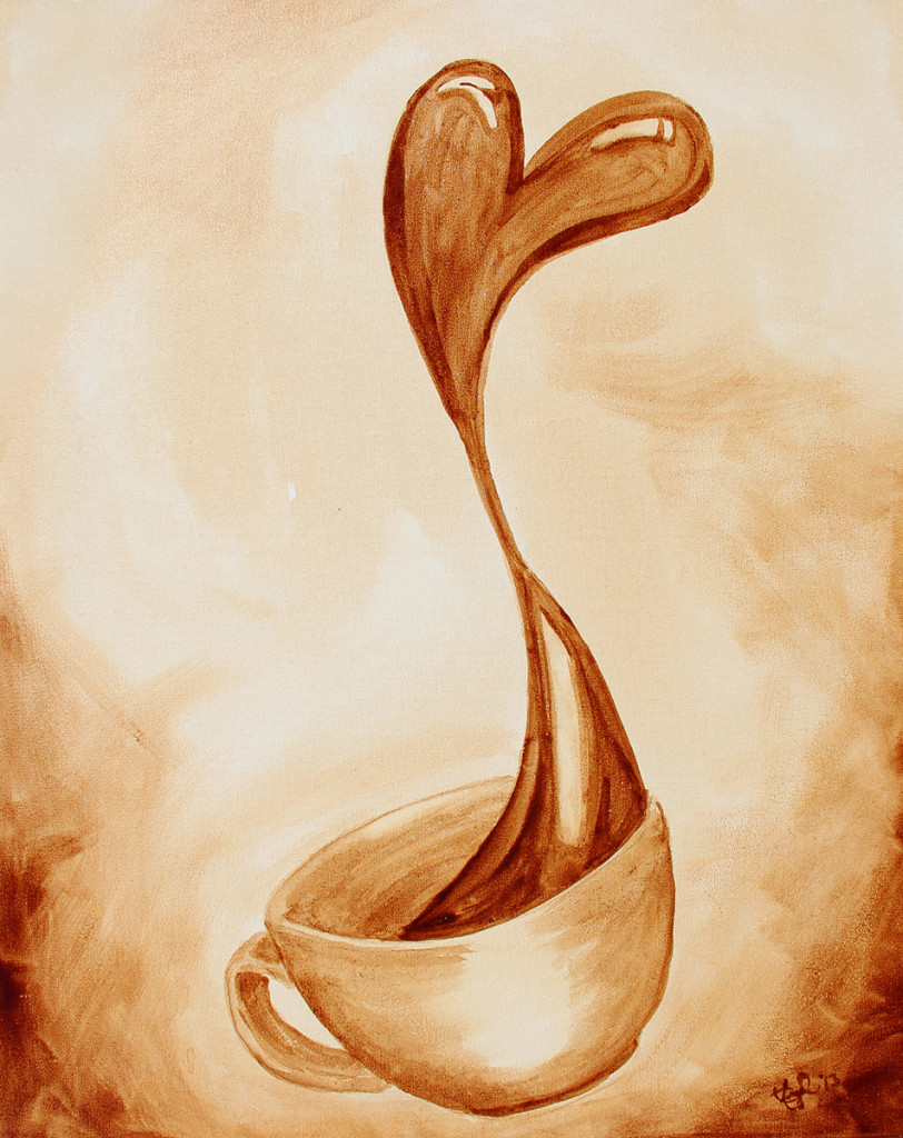 "Love of Coffee" featuring coffee spilling out of a cup and forms into a loving heart.