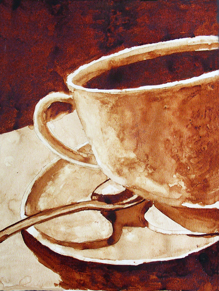 Andrew Saur created this original "Morning Brew" Coffee Art® painting. It features a cup of coffee ready to be sipped.