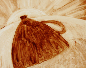 Angel Sarkela-Saur created this original "Morning Coffee" Coffee Art&reg; painting. It features silhouette of a cup of coffee with its long shadow extending from the morning dawn.