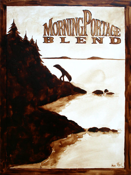 Andrew Saur & Angel Sarkela-Saur created this original "Morning Portage Blend" Coffee Art® painting. It features a person portaging a canoe at daybreak.