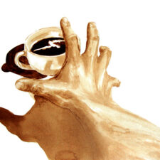 Angel Sarkela-Saur created this original "Must Have Coffee!" Coffee Art® painting. It features a hand, desperately reaching for a cup of coffee.