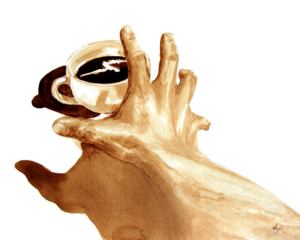 Angel Sarkela-Saur created this original "Must Have Coffee!" Coffee Art&reg; painting. It features a hand, desperately reaching for a cup of coffee.