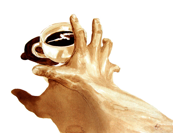 Angel Sarkela-Saur created this original "Must Have Coffee!" Coffee Art® painting. It features a hand, desperately reaching for a cup of coffee.