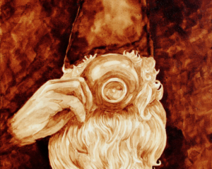 Angel Sarkela-Saur created this original "Nisse" Coffee Art&reg; painting. It features a thirsty gnome drinking a cup of coffee.