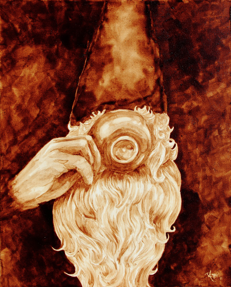 Angel Sarkela-Saur created this original "Nisse" Coffee Art® painting. It features a thirsty gnome drinking a cup of coffee.