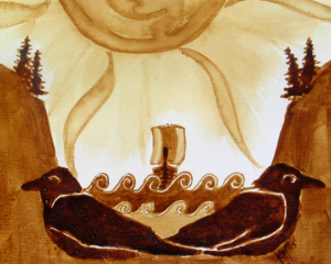 Angel Sarkela-Saur created this original "Nordic Guide" Coffee Art&reg; painting. It features ravens being an important part of the Viking's lives.