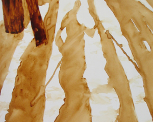 Angel Sarkela-Saur created this original "Nordic Shadow Play" Coffee Art&reg; painting. It features a cross country skier gliding through the silent forest after a recent snowfall.