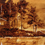 Andrew Saur created this original "North Shore Retreat" Coffee Art® painting. It features a cabin nestled in among the trees near a serene lake.