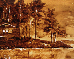 Andrew Saur created this original "North Shore Retreat" Coffee Art&reg; painting. It features a cabin nestled in among the trees near a serene lake.