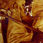 Angel Sarkela-Saur created this original "Number One Fan" Coffee Art® painting. It features Gidget looking up and admiring Angel as she is playing her guitar.