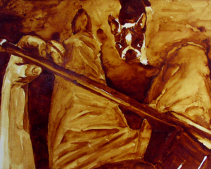Angel Sarkela-Saur created this original "Number One Fan" Coffee Art&reg; painting. It features Gidget looking up and admiring Angel as she is playing her guitar.