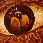 Angel Sarkela-Saur created this original "Obsession" Coffee Art® painting. It features a coffee bean being studied carefully in the reflection of a watchful eye.