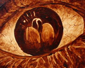 Angel Sarkela-Saur created this original "Obsession" Coffee Art&reg; painting. It features a coffee bean being studied carefully in the reflection of a watchful eye.