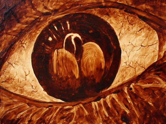 Angel Sarkela-Saur created this original "Obsession" Coffee Art® painting. It features a coffee bean being studied carefully in the reflection of a watchful eye.