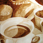 Angel Sarkela-Saur created this original "Parisian Breakfast" Coffee Art® painting. It features a cup of coffee among a delectable breakfast assortment.