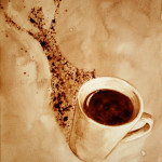 Angel Sarkela-Saur created this original "Pow!" Coffee Art® painting. It features an energized figure leaping out from the coffee mug's shadow.