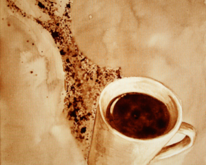 Angel Sarkela-Saur created this original "Pow!" Coffee Art&reg; painting. It features an energized figure leaping out from the coffee mug's shadow.